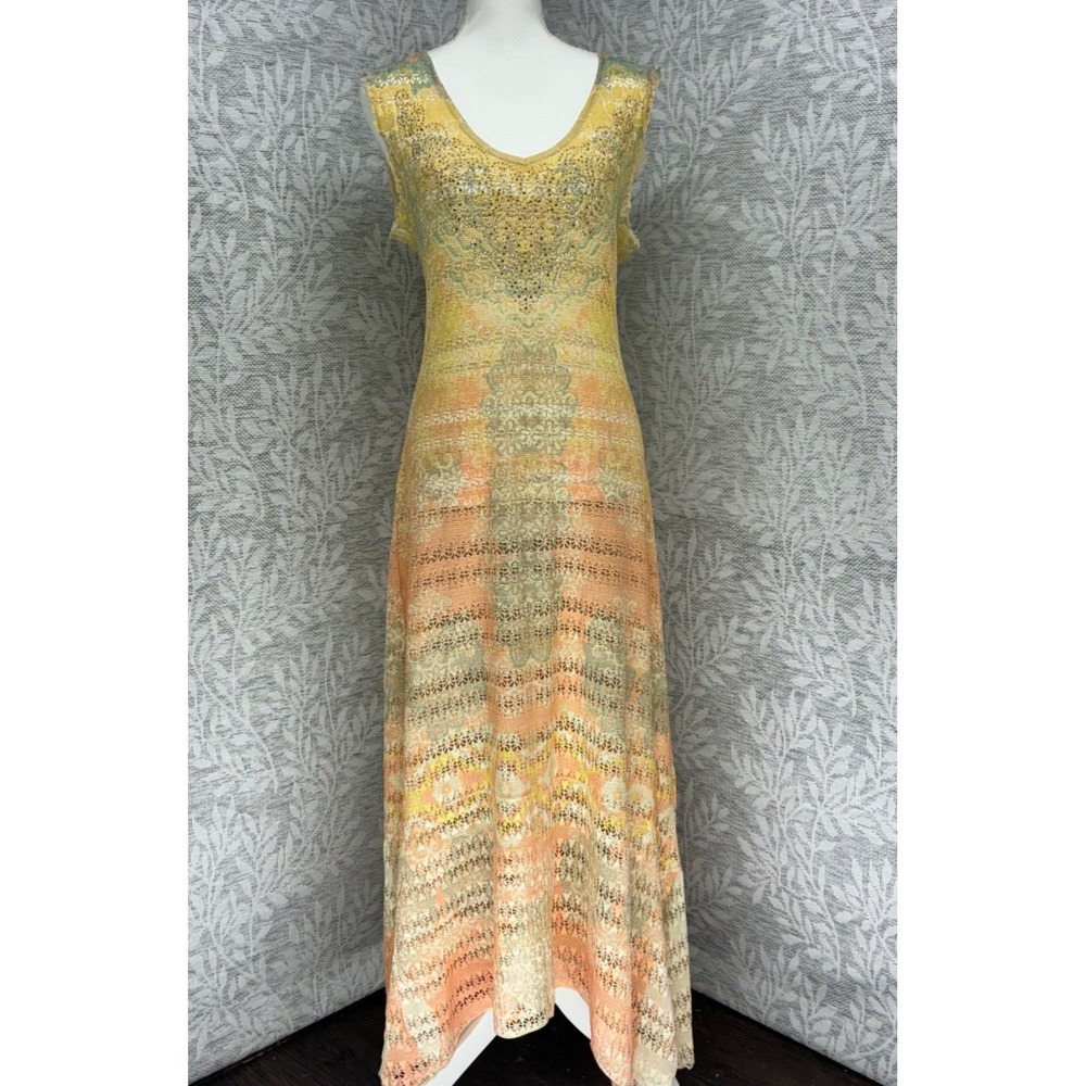 Reba Maxi Dress Large Yellow Orange Paisley Lace Beaded Western Boho Cowgirl